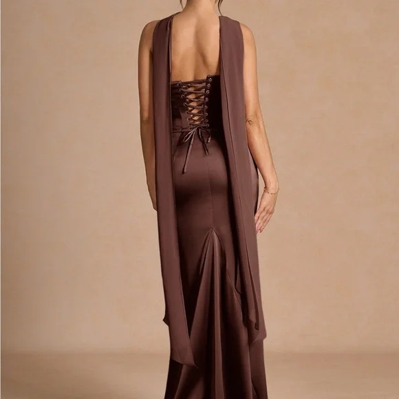 Azazie Strapless Satin Column Gown in Chocolate Brown - Picture 3 of 8